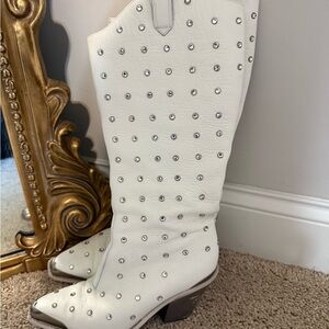 White Studded Knee-High Boots